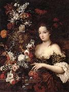 Gaspar Peeter Verbrugghen the younger A still life of various flowers with a young lady beside an urn oil